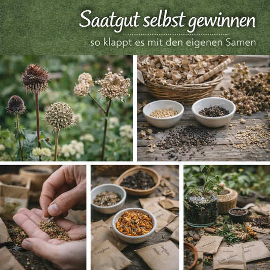Collage mit Samenständen, gesammeltem Saatgut und sortierten Samen in Schalen und Tüten.