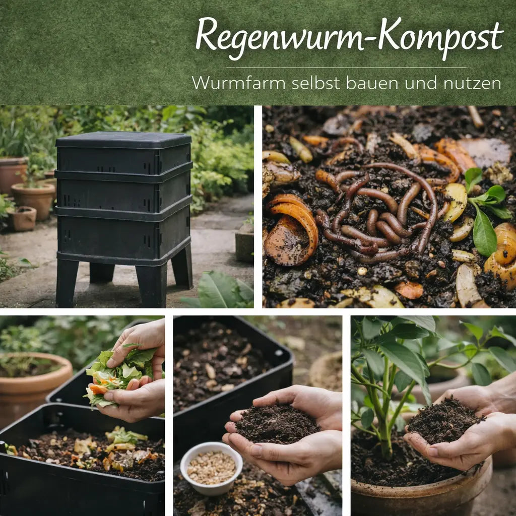 Collage mit Wurmfarm, Regenwürmern, Küchenabfällen und fertigem Wurmhumus.