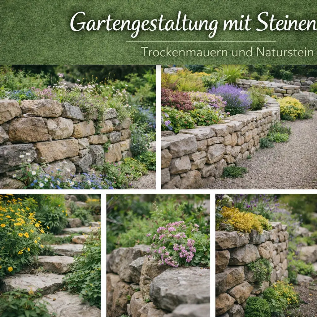 Collage mit Trockenmauern, Natursteinwegen und bepflanzten Steinbereichen im Garten.
