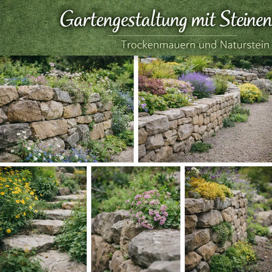Collage mit Trockenmauern, Natursteinwegen und bepflanzten Steinbereichen im Garten.