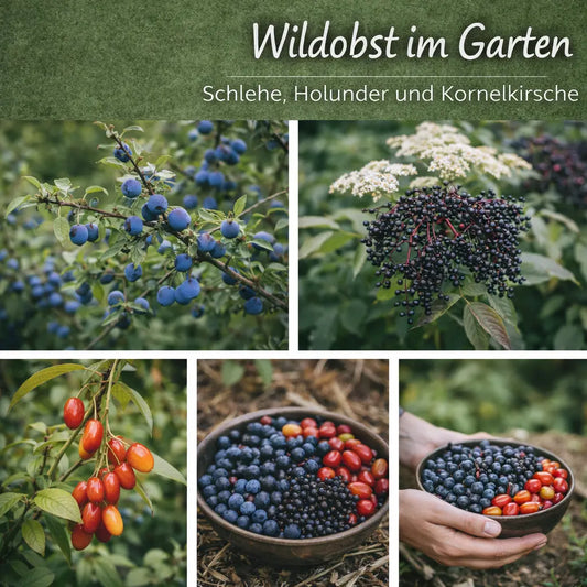 Collage mit Schlehen, Holunder, Kornelkirschen und einer Schale mit geerntetem Wildobst.