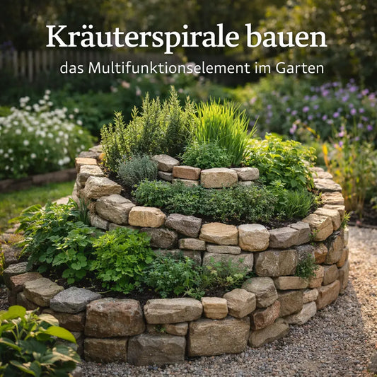 Kräuterspirale aus Naturstein mit verschiedenen Küchenkräutern im Garten.