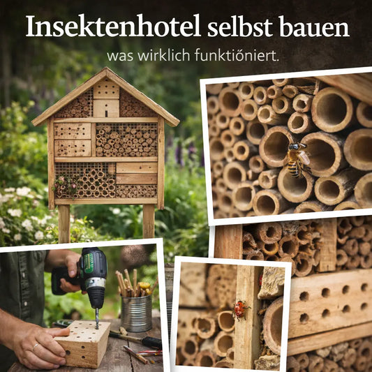 Collage mit funktionalem Insektenhotel, Niströhren, Bauprozess und Wildbiene.