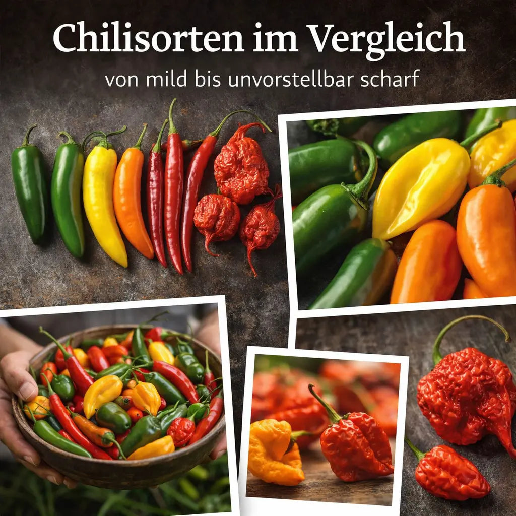 Collage mit verschiedenen Chilisorten von milden bis extrem scharfen Früchten.