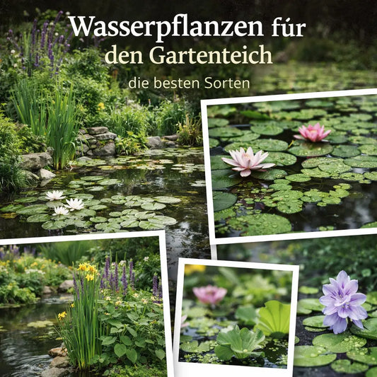 Collage mit Wasserpflanzen, Seerosen und Uferbepflanzung im Gartenteich.