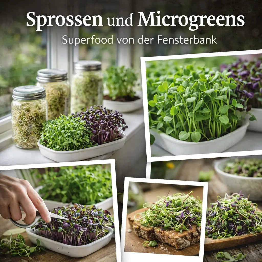 Collage mit Sprossen und Microgreens auf der Fensterbank, bei der Ernte und auf Brot angerichtet.