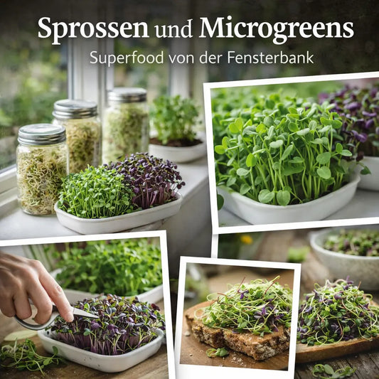 Collage mit Sprossen und Microgreens auf der Fensterbank, bei der Ernte und auf Brot angerichtet.