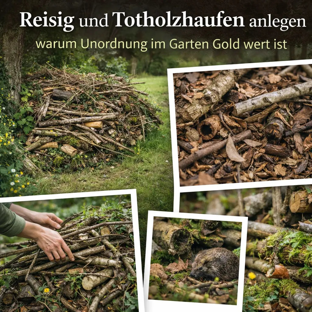 Collage mit Reisig- und Totholzhaufen, Strukturdetails, Aufbau und Igel im Garten.