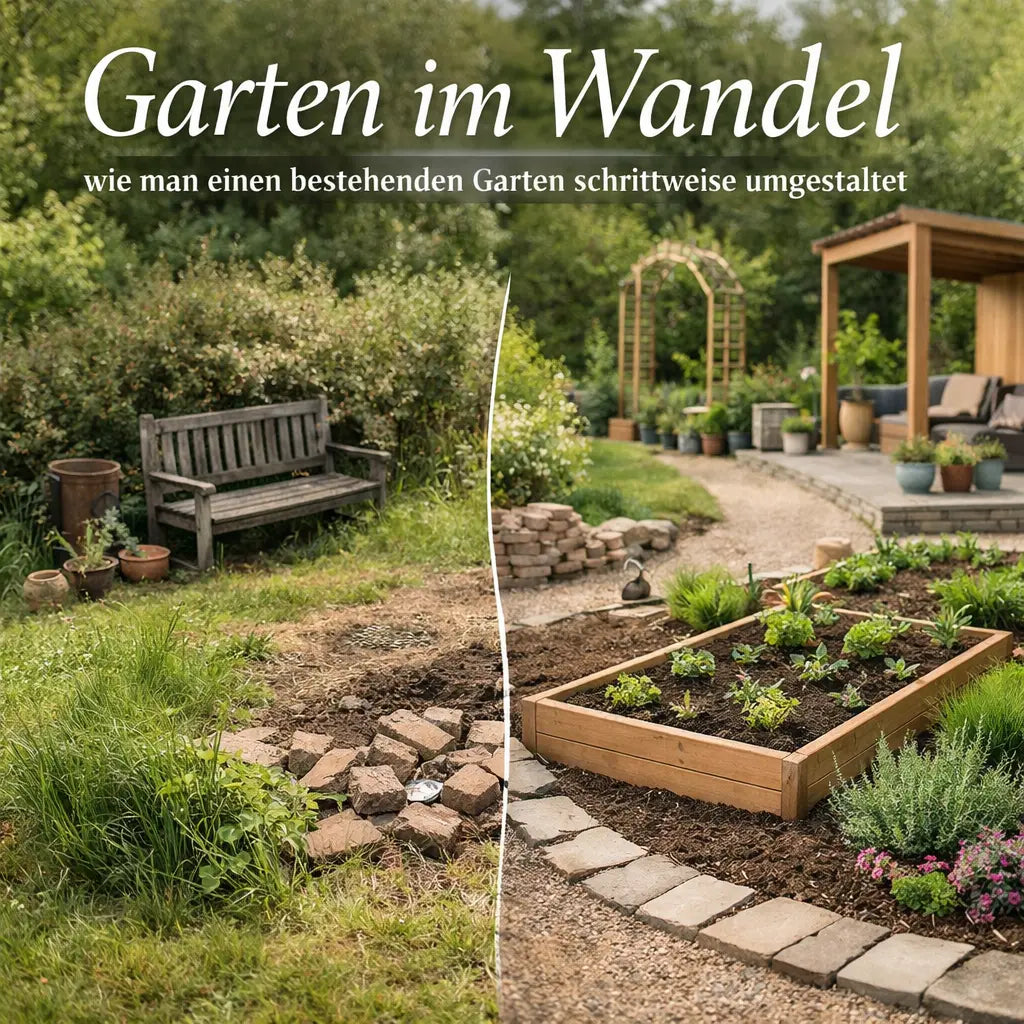 Gartenbild mit altem und neu gestaltetem Bereich als Symbol für schrittweise Umgestaltung.