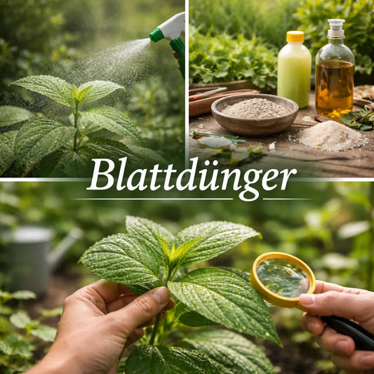 Collage mit Blattdünger, Sprühnebel auf Blättern und Nahaufnahme einer behandelten Pflanze.