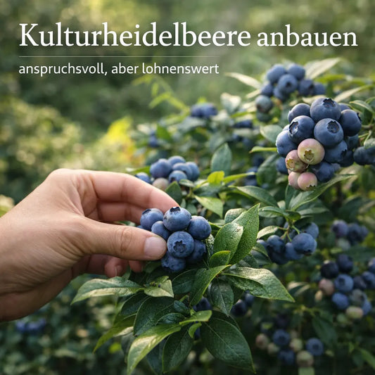 Kulturheidelbeeren am Strauch mit einer Hand bei der Ernte.