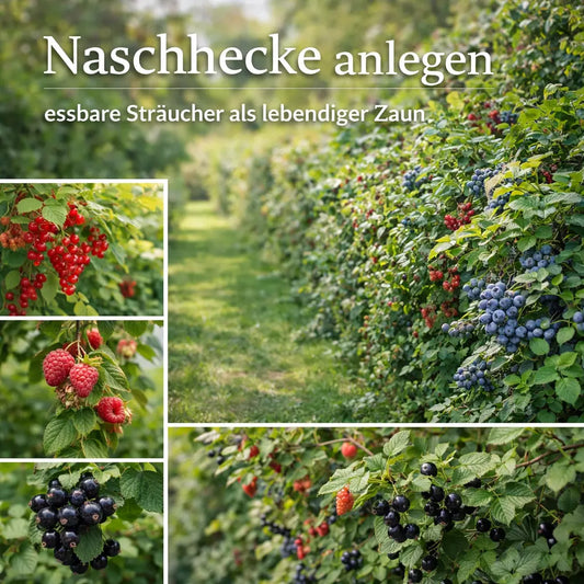 Collage mit essbaren Sträuchern und beerentragender Naschhecke als lebendigem Gartenzaun.