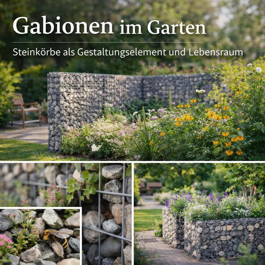 Collage mit Gabionen, bepflanzten Steinkörben und tierfreundlichen Strukturen im Garten.