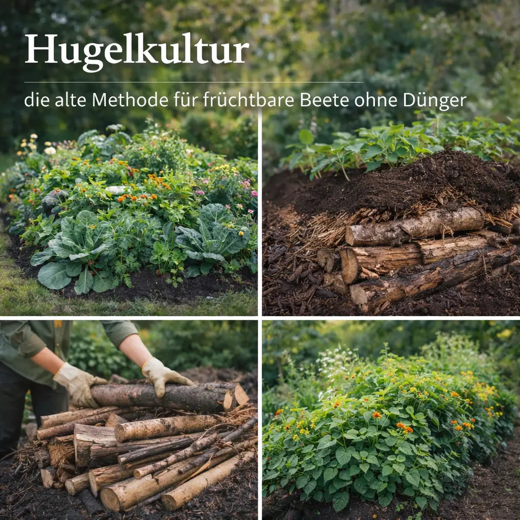 Collage mit Hugelkultur-Beet, Schichtung aus Holz und Erde sowie Aufbau und Bepflanzung.