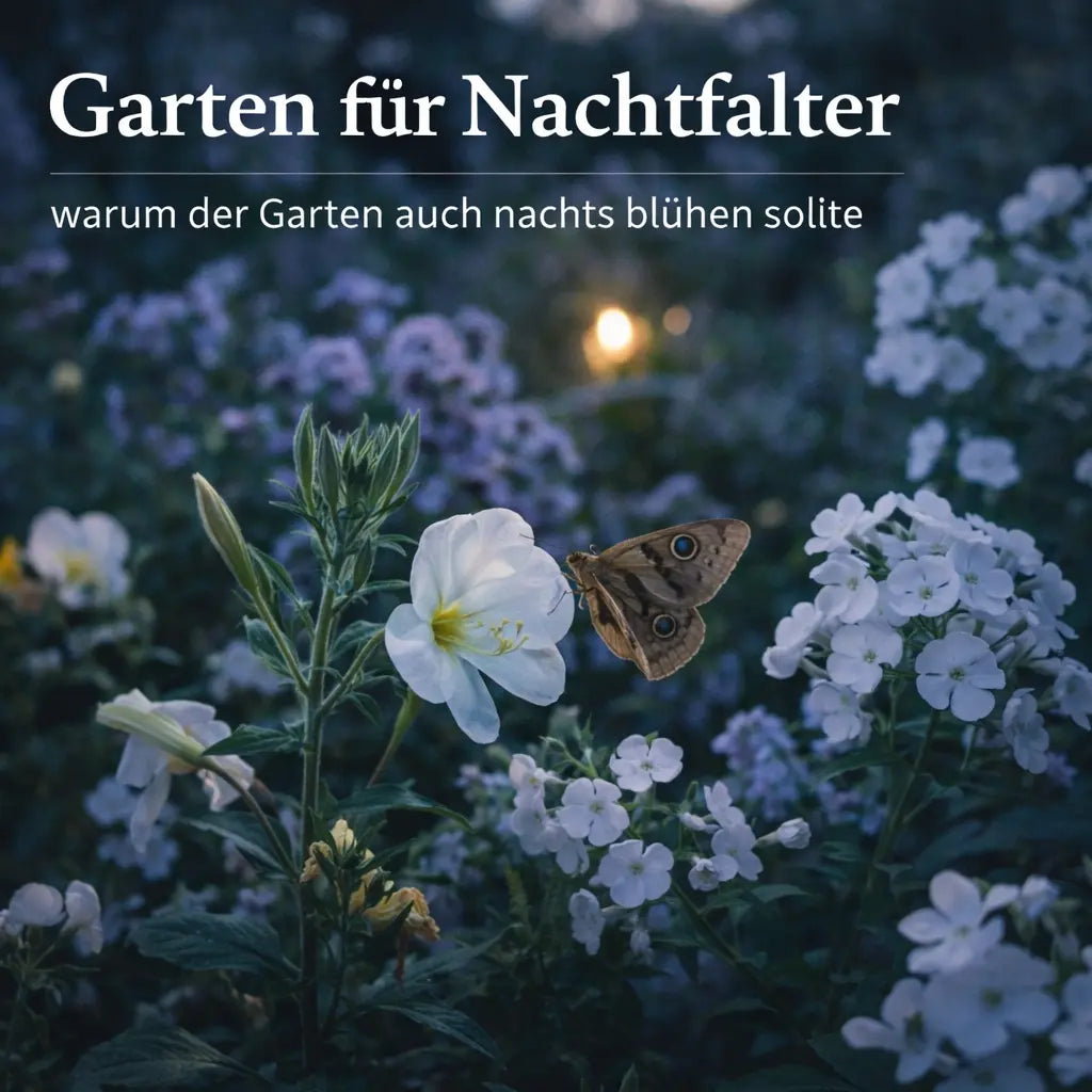 Abendlicher Garten mit hellen Blüten und Nachtfalter an einer offenen Blüte.