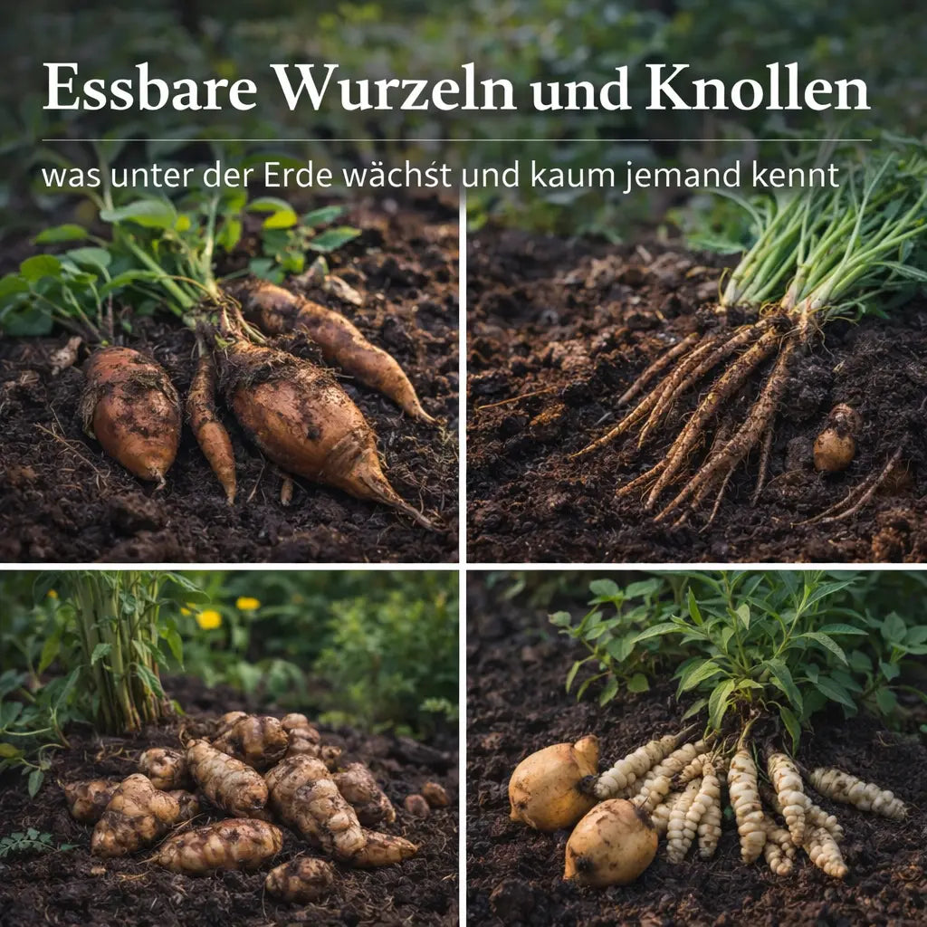 Collage mit ausgegrabenen essbaren Wurzeln und Knollen in lockerer Gartenerde.