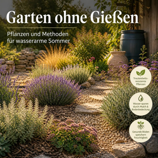 Mediterraner, trockenheitsangepasster Garten mit Lavendel, Kräutern und Mulch als Beispiel für einen Garten ohne Gießen.
