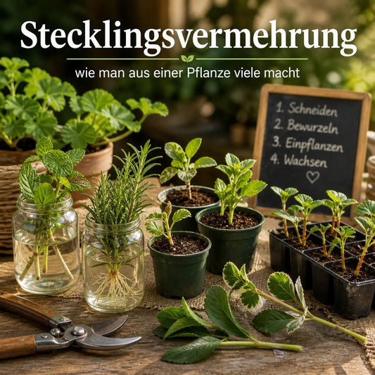 Stecklingsvermehrung mit jungen Pflanzen, Stecklingen in Töpfen und Bewurzelungsgläsern auf einem Arbeitstisch im Garten.