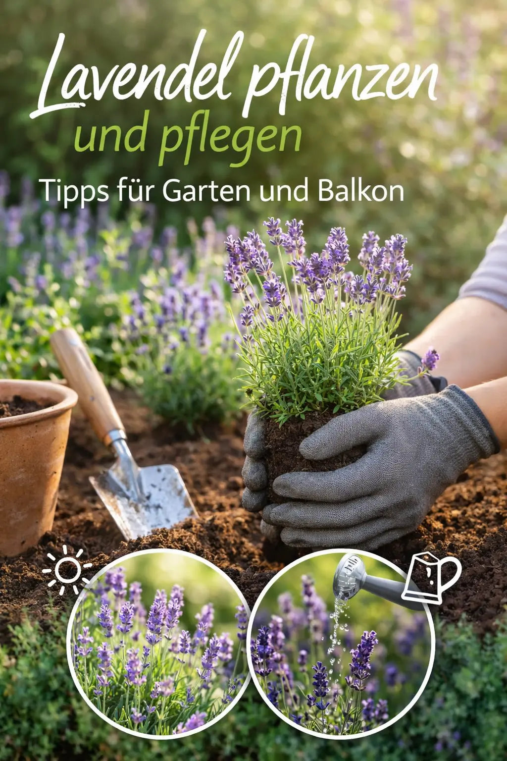 Lavendelpflanze wird im Garten in lockere Erde gesetzt; Hände mit Gartenhandschuhen halten den Wurzelballen, daneben Schaufel und Topf, im Hintergrund blühender Lavendel im Sonnenlicht.