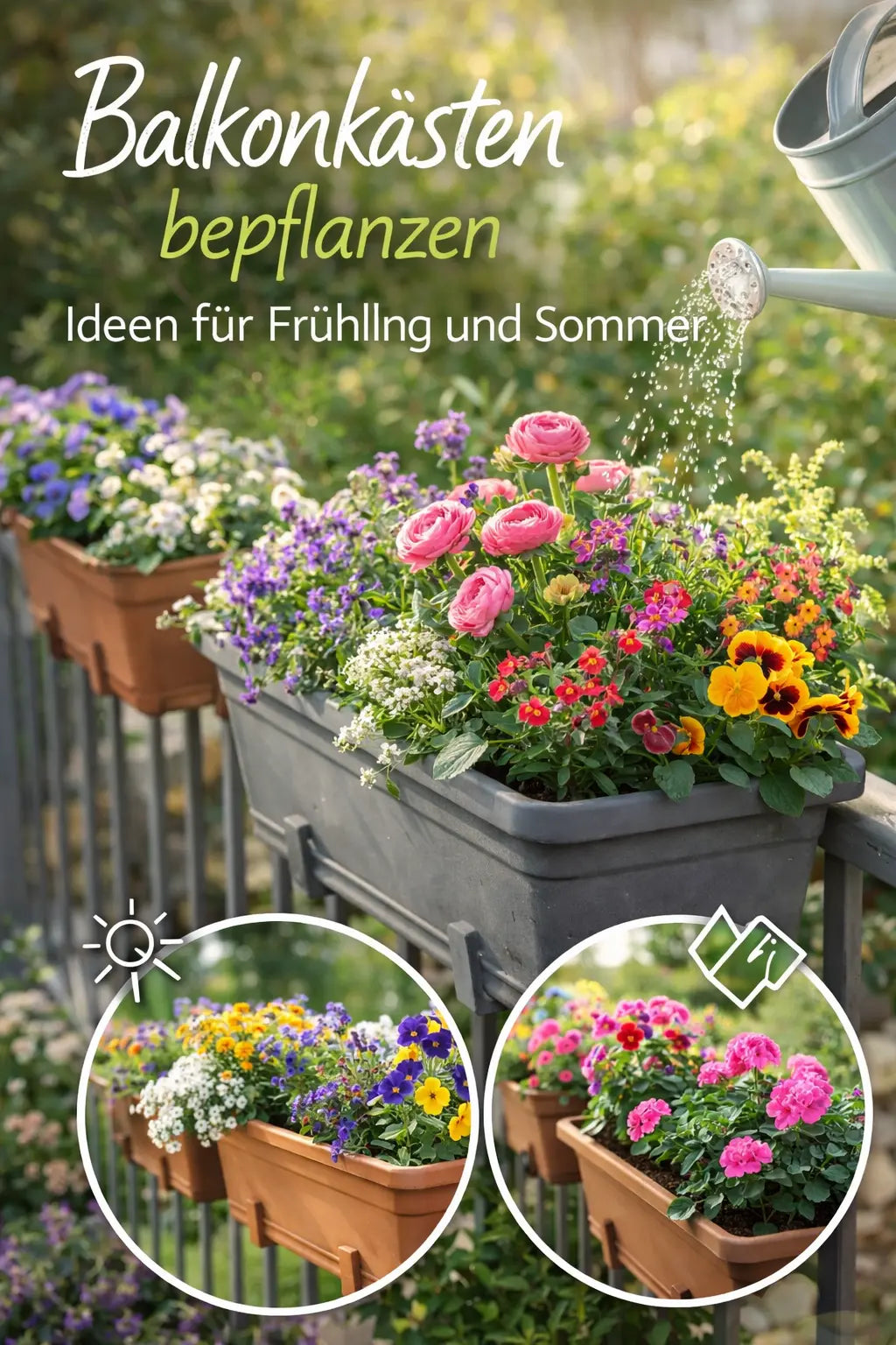 Bunte Balkonkästen mit Frühlings- und Sommerblumen am Geländer; Gießkanne wässert pinke Ranunkeln, Stiefmütterchen und kleine Blüten im warmen Sonnenlicht.
