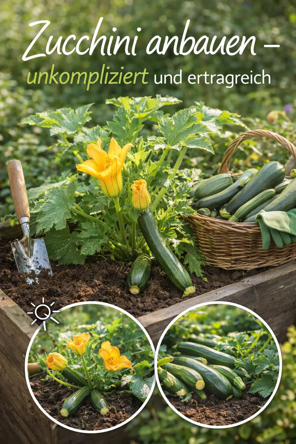 Zucchinipflanze im Hochbeet mit großen grünen Blättern und gelben Blüten; daneben liegen geerntete Zucchini in einem Korb, Schaufel und Gartenhandschuhe im Sonnenlicht.