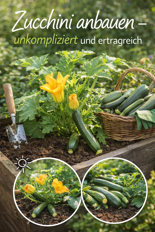 Zucchinipflanze im Hochbeet mit großen grünen Blättern und gelben Blüten; daneben liegen geerntete Zucchini in einem Korb, Schaufel und Gartenhandschuhe im Sonnenlicht.