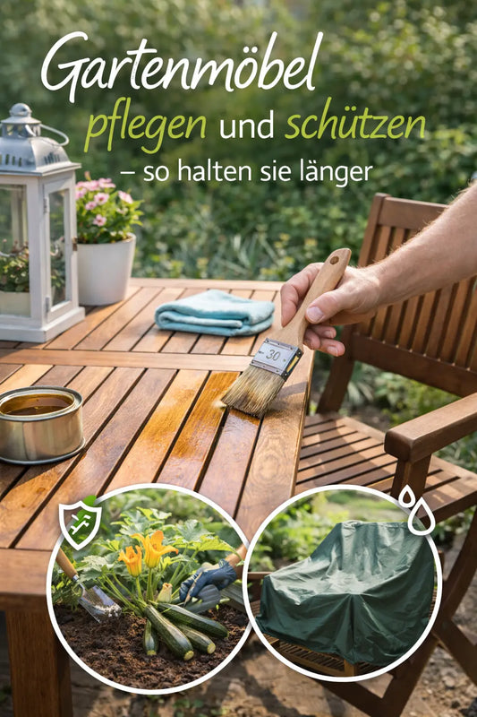 Hand trägt Holzschutzöl mit einem Pinsel auf einen Holzgartentisch auf; daneben Dose mit Öl, Tuch und Gartenstuhl, im Hintergrund grüner Garten und Laterne.