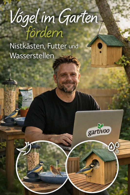 Mann sitzt im Garten am Tisch und arbeitet am Laptop; im Hintergrund hängen ein Nistkasten und ein Futterspender, daneben steht eine Wasserschale für Vögel, umgeben von Grün und Abendlicht.