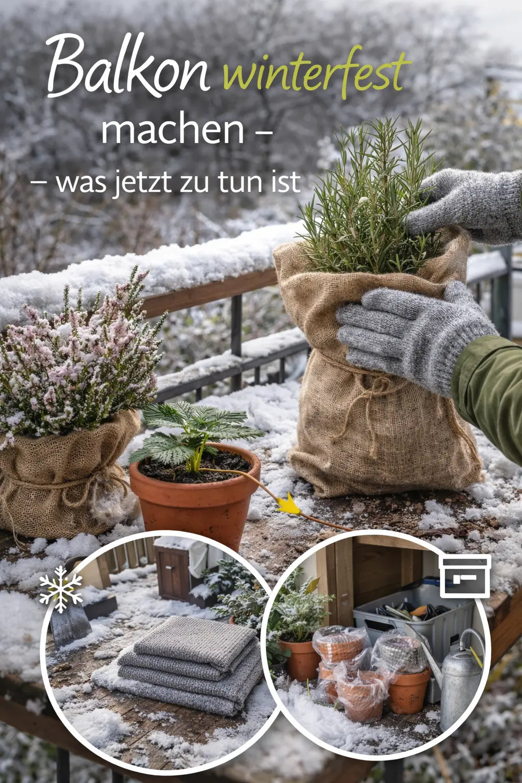 Winterlicher Balkon mit Schnee: Hände in Handschuhen wickeln einen Rosmarintopf in Jute ein; daneben weitere eingepackte Pflanzen, Töpfe und Balkonbrüstung im grauen Winterlicht.