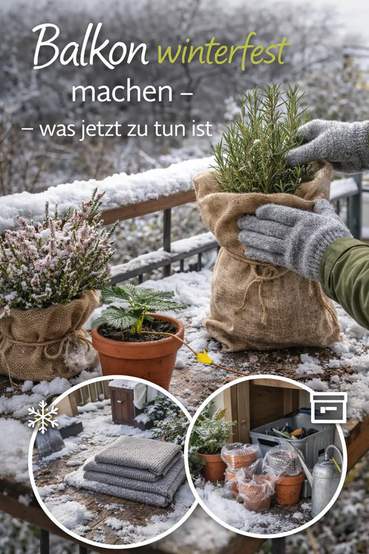 Winterlicher Balkon mit Schnee: Hände in Handschuhen wickeln einen Rosmarintopf in Jute ein; daneben weitere eingepackte Pflanzen, Töpfe und Balkonbrüstung im grauen Winterlicht.