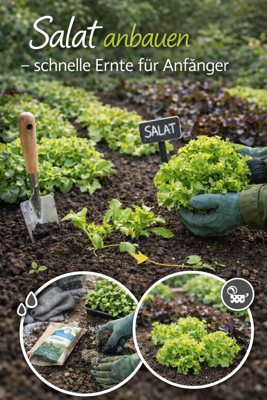 Salatbeet mit Reihen aus grünem und rotem Blattsalat; Handschuhe halten einen frisch geernteten Salatkopf, daneben Schaufel und Schild „Salat“, im Hintergrund weitere Beetreihen.