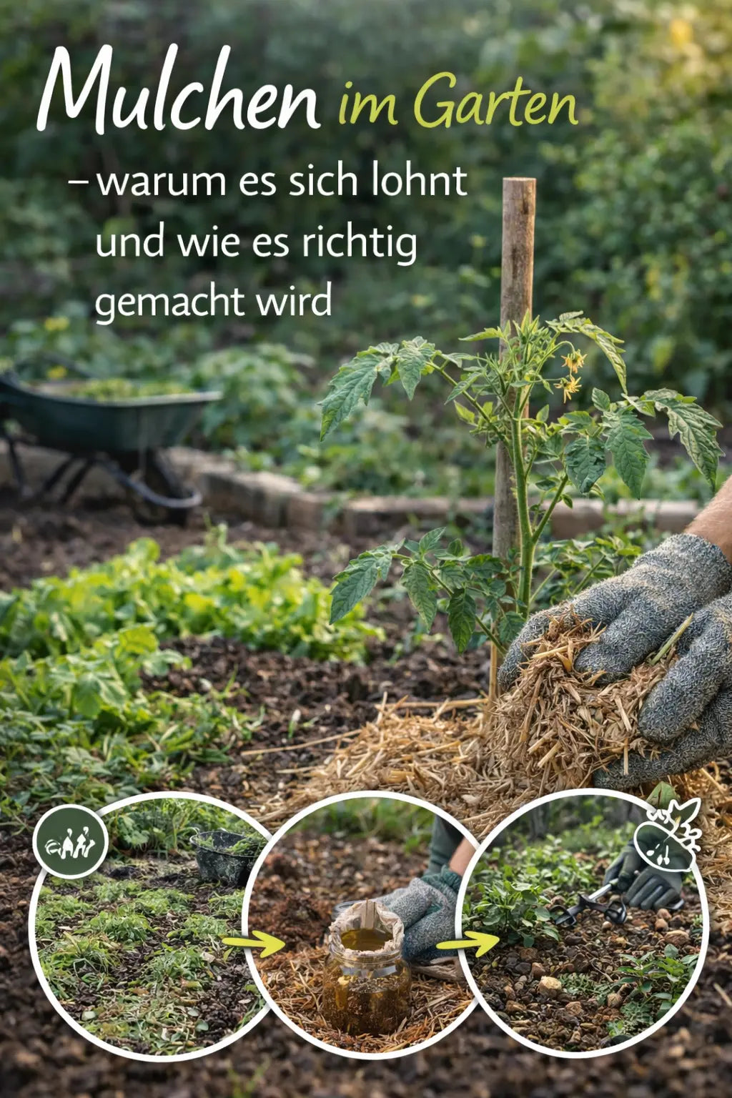 Hand mit Gartenhandschuh verteilt Stroh-Mulch um eine junge Tomatenpflanze im Beet; im Hintergrund weitere Beete und eine Schubkarre, unten kleine Bildausschnitte mit verschiedenen Mulcharten.