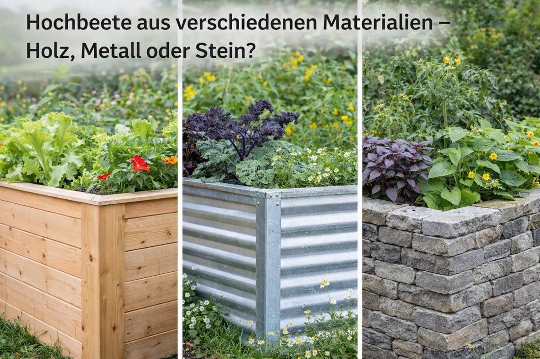 Drei Hochbeete aus Holz, Metall und Stein im Vergleich, bepflanzt mit Salat, Kohl und Blumen in einem naturnahen Garten.