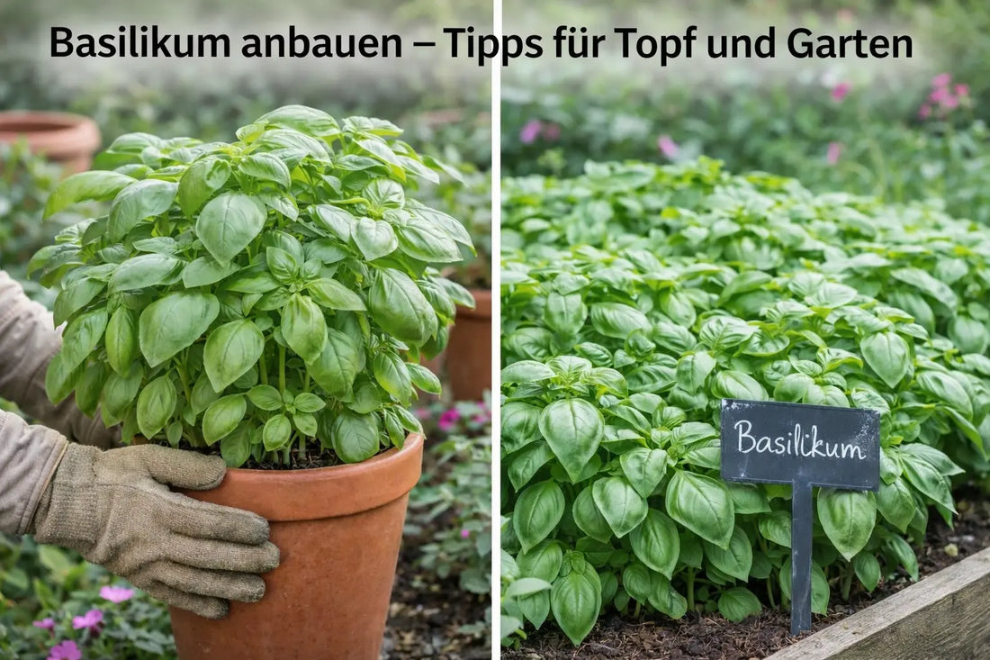 Basilikum im Topf und im Gartenbeet: üppig gewachsene Pflanzen mit frischen grünen Blättern in einer sonnigen Gartenszene.