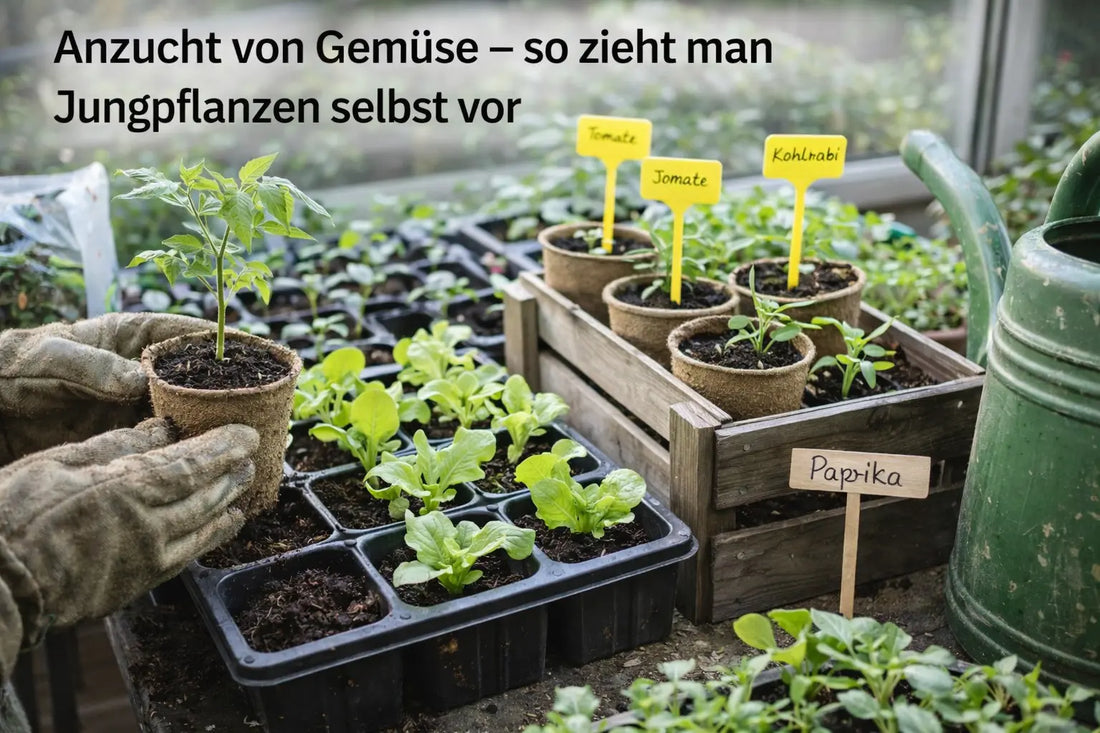 Jungpflanzen von Gemüse in Anzuchttöpfen und Saatschalen auf einem hellen Arbeitstisch, daneben Pflanzschilder und eine Gießkanne.