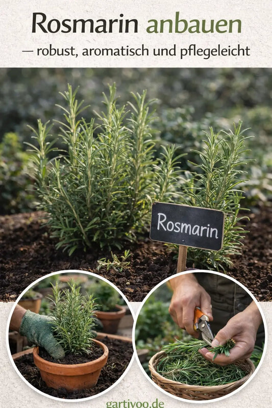 Rosmarin im Gartenbeet und im Topf sowie geerntete Zweige in einem Korb als robuste und pflegeleichte Küchenkräuterpflanze.