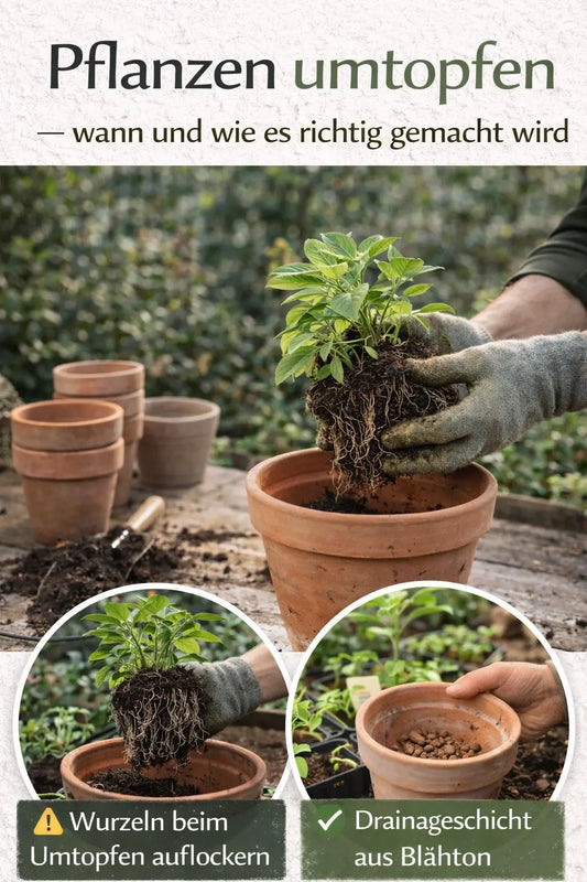Eine Pflanze wird in einen größeren Tontopf umgetopft, daneben sind gelockerte Wurzeln und eine Drainageschicht aus Blähton als wichtige Schritte zu sehen.