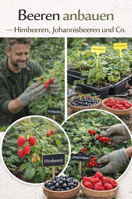 Collage zum Beerenanbau mit Himbeeren und Johannisbeeren, jungen Beerensträuchern, reifen Früchten und geernteten Beeren in Schalen.