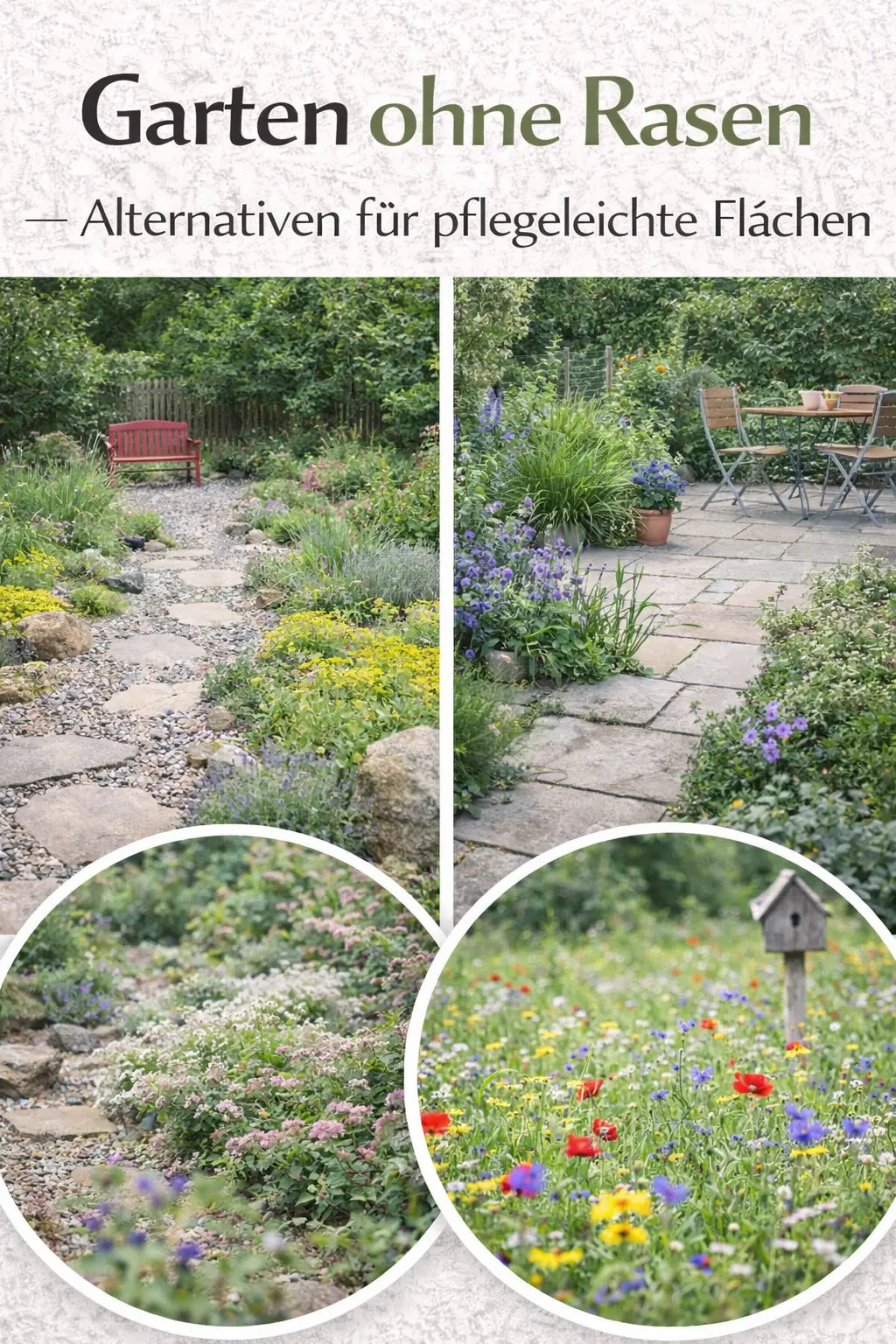 Collage mit pflegeleichten Alternativen zum Rasen: Kiesweg, gepflasterte Terrasse, bodendeckende Bepflanzung und bunte Wildblumenfläche im Garten.
