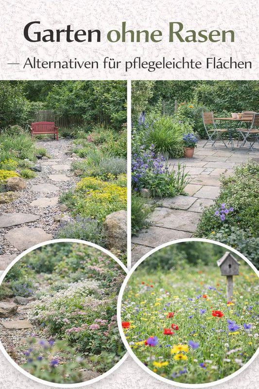 Collage mit pflegeleichten Alternativen zum Rasen: Kiesweg, gepflasterte Terrasse, bodendeckende Bepflanzung und bunte Wildblumenfläche im Garten.
