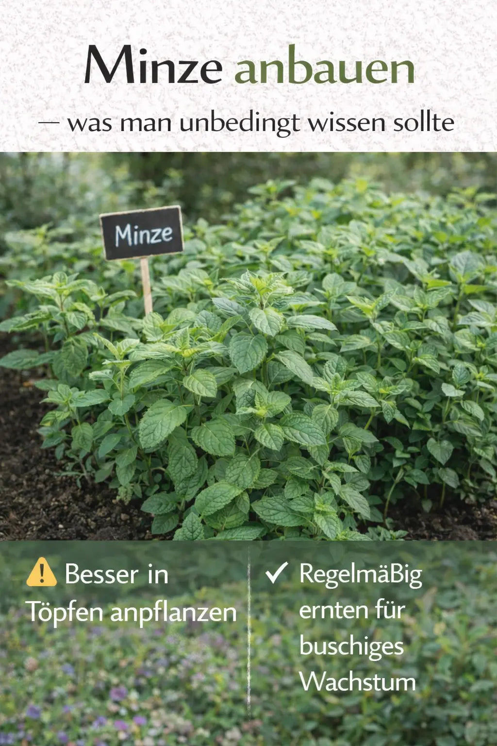 Dicht gewachsene Minze im Beet mit Pflanzschild sowie Hinweisen zum Anbau: besser im Topf pflanzen und regelmäßig ernten für buschiges Wachstum.