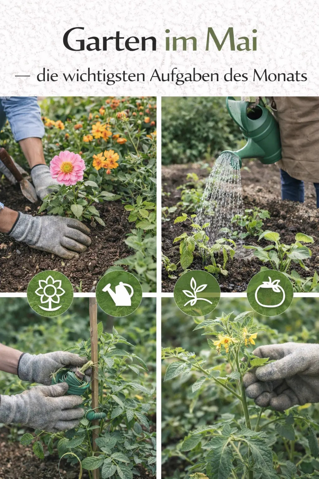 Collage mit typischen Gartenarbeiten im Mai: Blumen pflanzen, junge Pflanzen gießen, Tomaten anbinden und Triebe pflegen im frühlingshaften Garten.