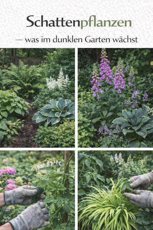 Collage mit schattenverträglichen Pflanzen wie Farnen, Funkien und blühenden Stauden in einem ruhigen, grün bewachsenen Gartenbereich.