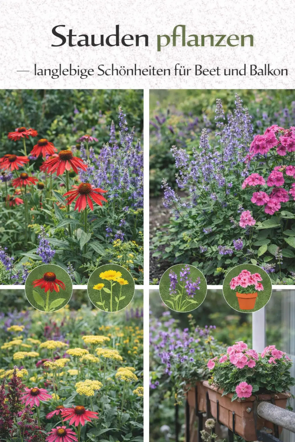 Collage mit blühenden Stauden für Beet und Balkon, darunter Sonnenhut, Katzenminze, Schafgarbe und rosa Blüten in Kübeln.