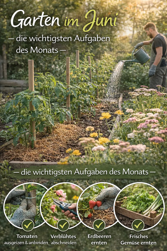 Gartenbeet im Juni: Tomatenpflanzen werden gegossen und gepflegt, daneben blühende Sommerblumen; unten kleine Bildausschnitte zeigen typische Aufgaben wie Tomaten anbinden, Verblühtes schneiden, Erdbeeren und Gemüse ernten.