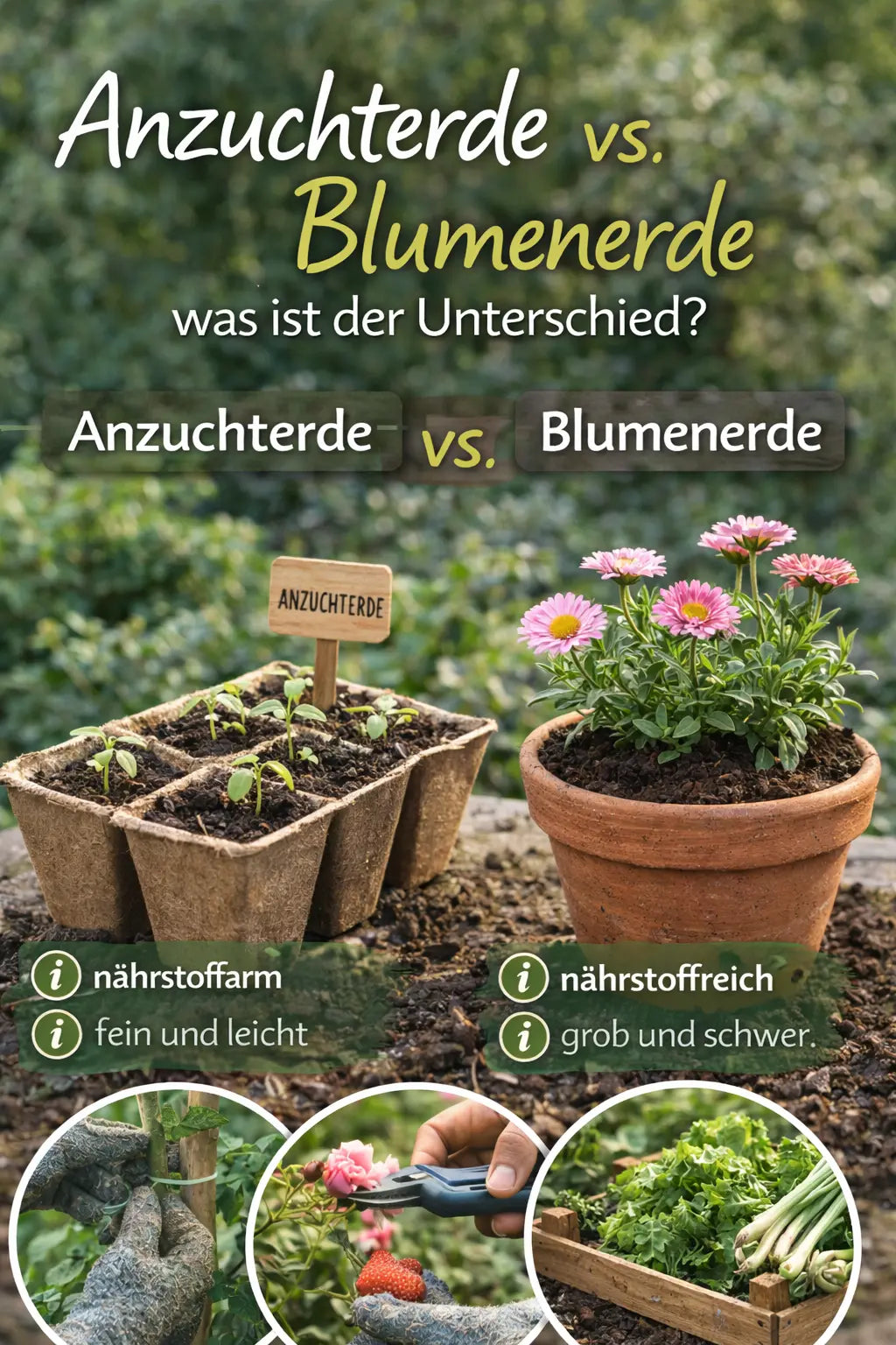 Vergleich von Anzuchterde und Blumenerde: links Anzuchtschale mit jungen Keimlingen in feiner, nährstoffarmer Erde, rechts Topf mit blühender Pflanze in grober, nährstoffreicher Blumenerde vor grünem Hintergrund.