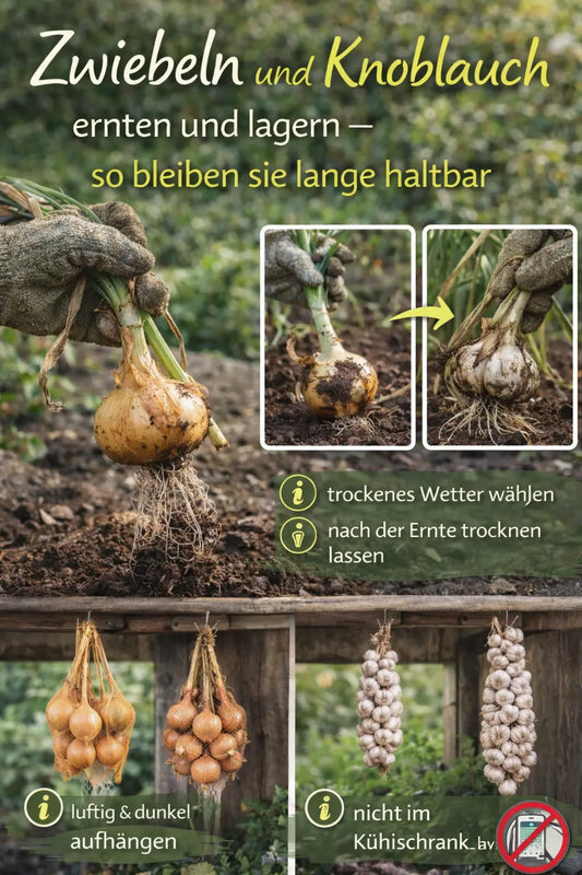 Hand mit Gartenhandschuh zieht Zwiebel aus der Erde; daneben Bilder von Knoblauchernte und Trocknen. Unten hängen Zwiebeln und Knoblauch zum Lagern an einem luftigen Platz.