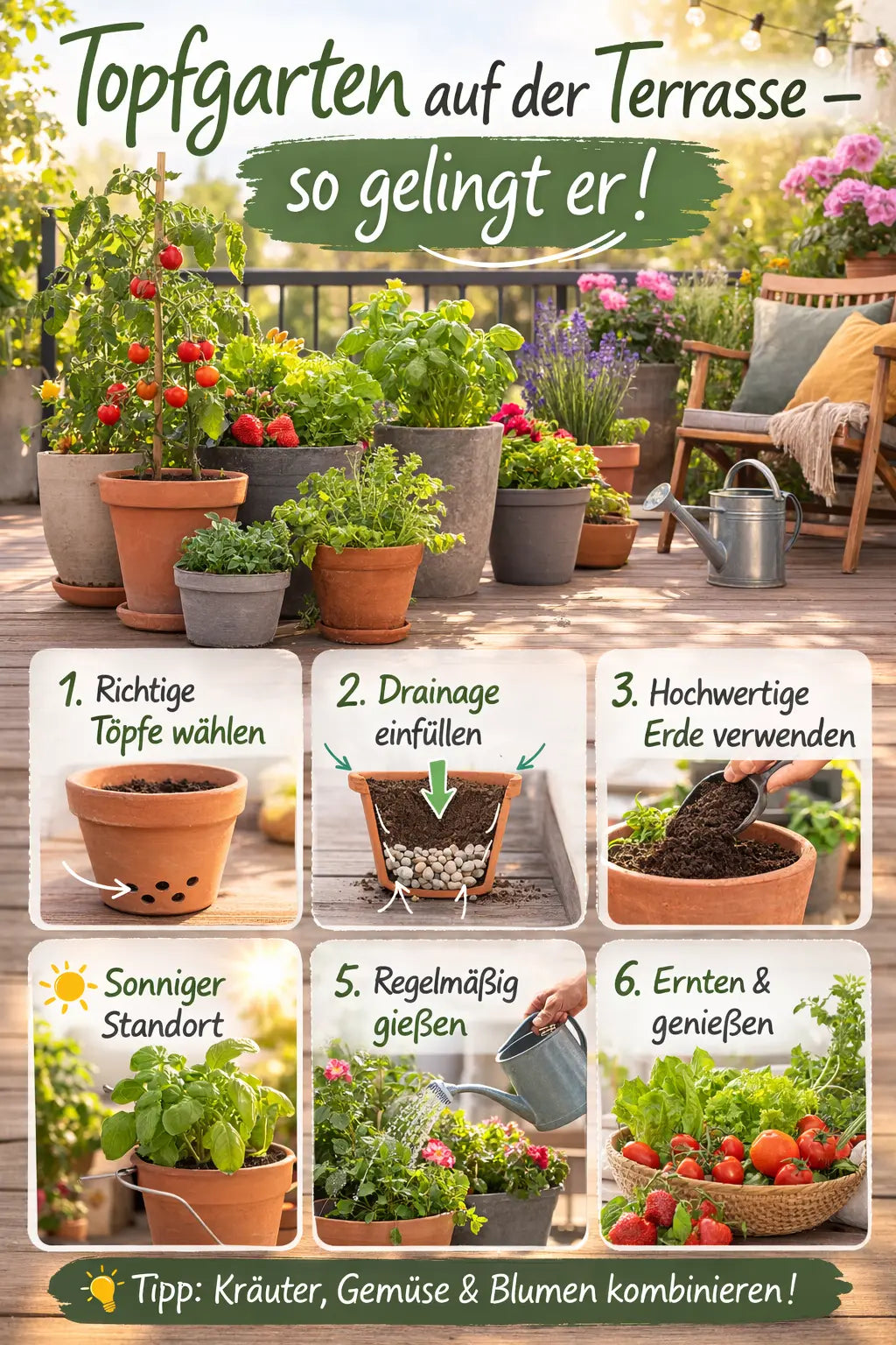 Terrasse mit vielen Töpfen voller Kräuter, Gemüse und Blumen; Infografik zeigt Schritte für den Topfgarten wie passende Töpfe wählen, Drainage und Erde einfüllen, sonnigen Standort, regelmäßig gießen sowie Ernte im Korb.