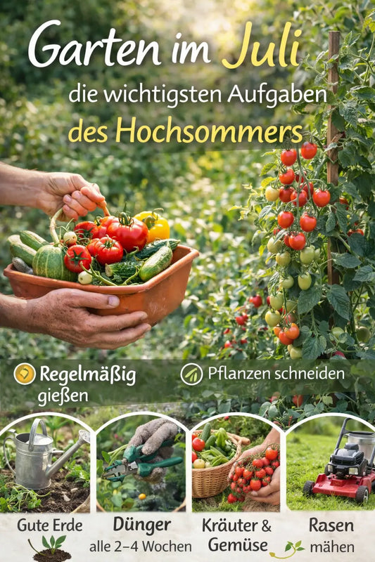 Sommerlicher Garten im Juli: Hände halten eine Schale mit geerntetem Gemüse vor Tomatenpflanzen; unten zeigen kleine Bilder typische Aufgaben wie regelmäßig gießen, Pflanzen schneiden, ernten und Rasen mähen.