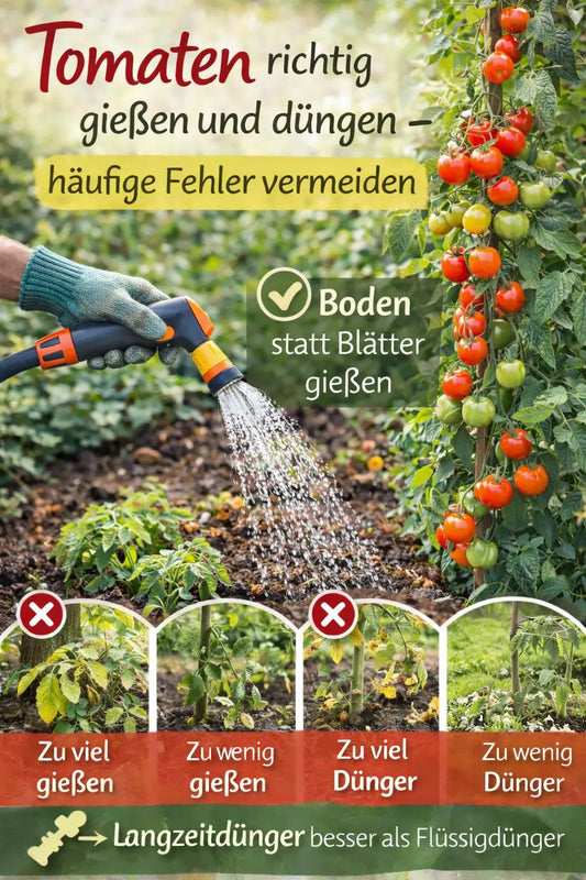Tomatenpflanze wird am Wurzelbereich mit einem Gartenschlauch gegossen; daneben hängen reife und unreife Tomaten am Stock, unten kleine Bildausschnitte zeigen typische Fehler beim Gießen und Düngen.